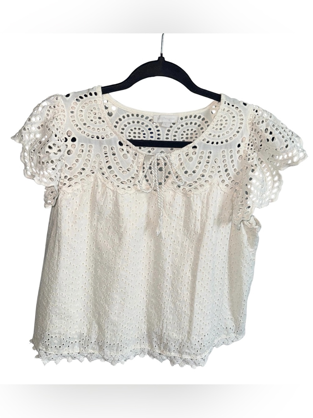 Jennifer & Grace Eyelet Lace Peasant Top Cream Babydoll Size Large 100% Cotton